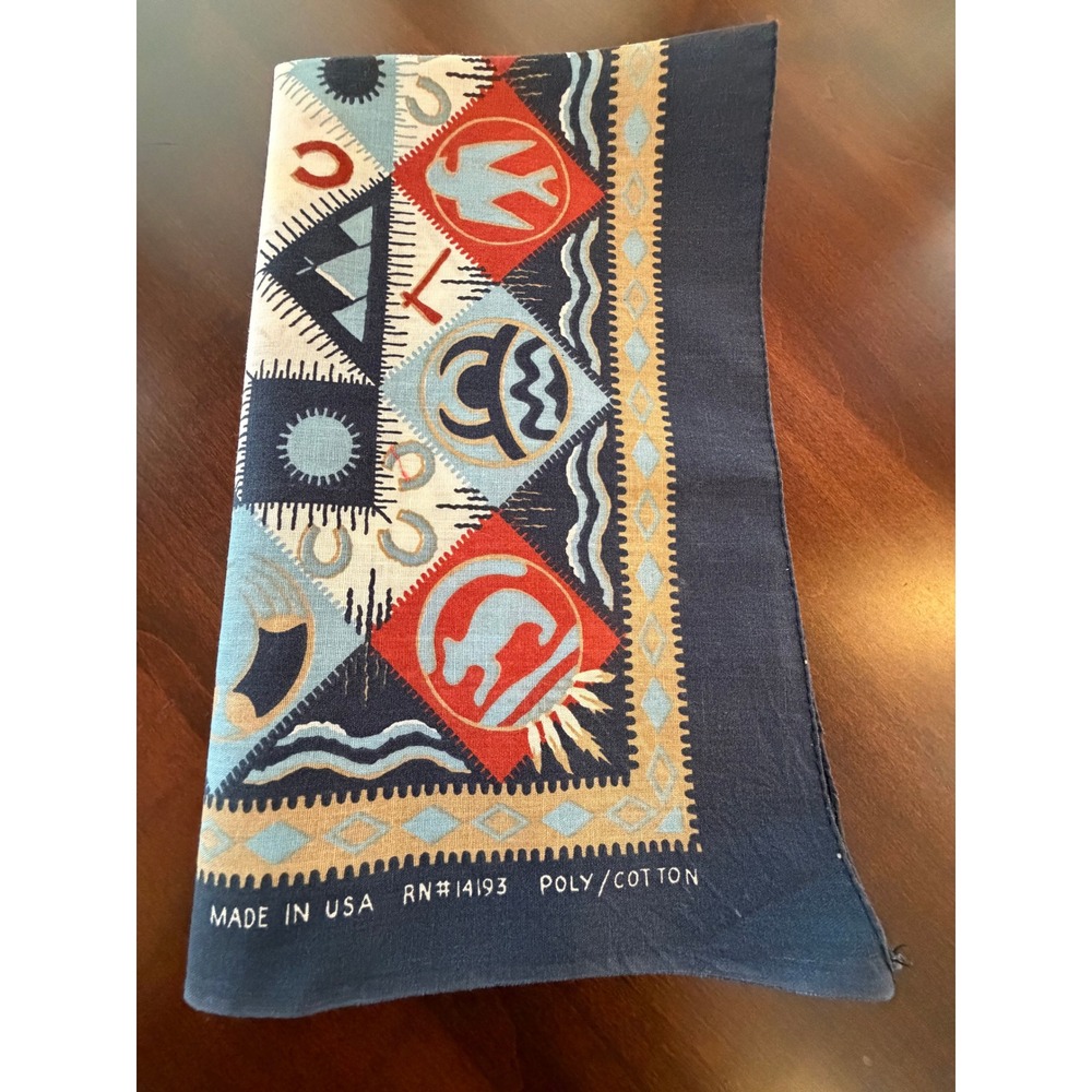 Vintage Southwestern Thunderbird Tribal Bandana Navy Blue Red Western Scarf USA